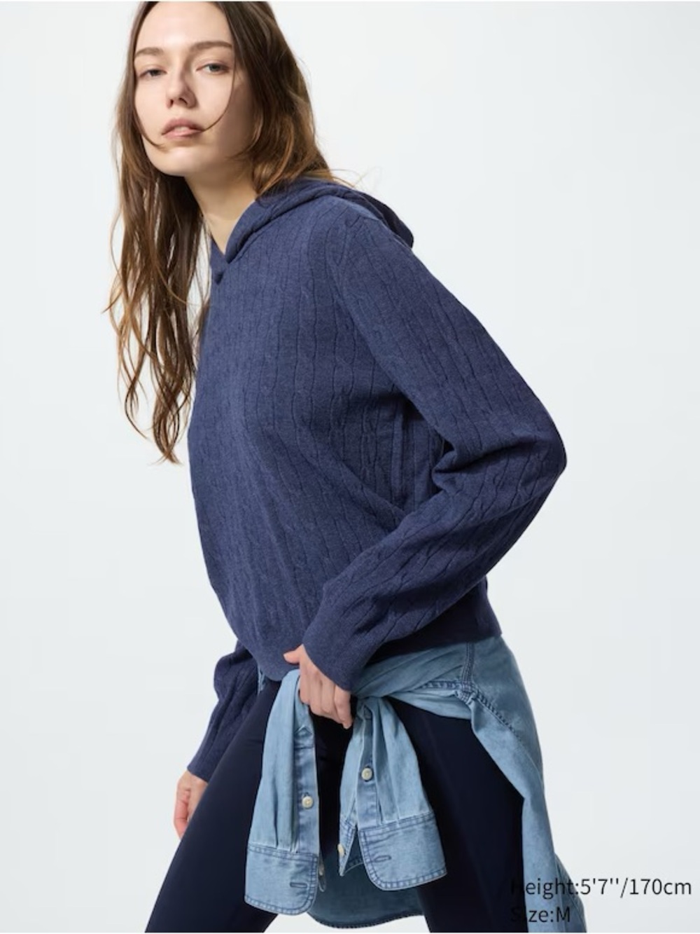 Uniqlo Washable Knit Cable Hoodie Blue Small NEW